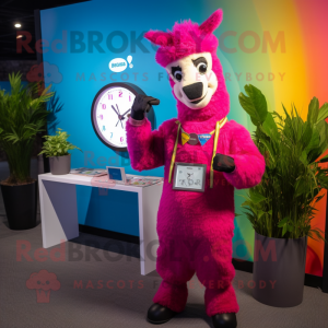 Magenta Llama mascot costume character dressed with a Overalls and Bracelet watches