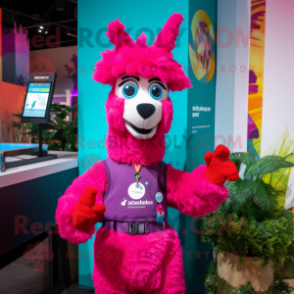 Magenta Llama mascot costume character dressed with a Overalls and Bracelet watches
