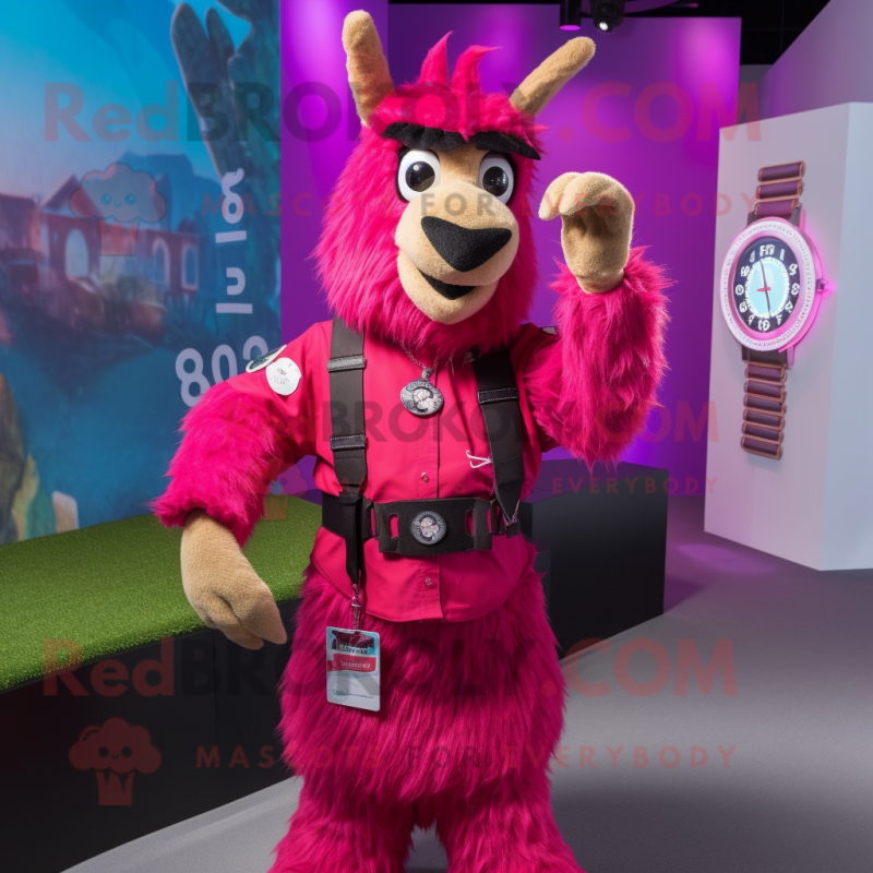 Magenta Llama mascot costume character dressed with a Overalls and Bracelet watches Magenta Llama mascot costume character dressed with a Overalls and Bracelet watches