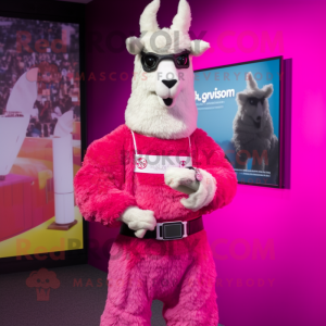 Magenta Llama mascot costume character dressed with a Overalls and Bracelet watches