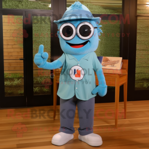 Cyan Aglet mascot costume character dressed with a Chambray Shirt and Reading glasses
