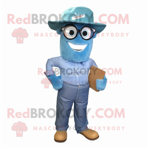 Cyan Aglet mascot costume character dressed with a Chambray Shirt and Reading glasses