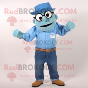 Cyan Aglet mascot costume character dressed with a Chambray Shirt and Reading glasses