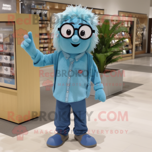 Cyan Aglet mascot costume character dressed with a Chambray Shirt and Reading glasses