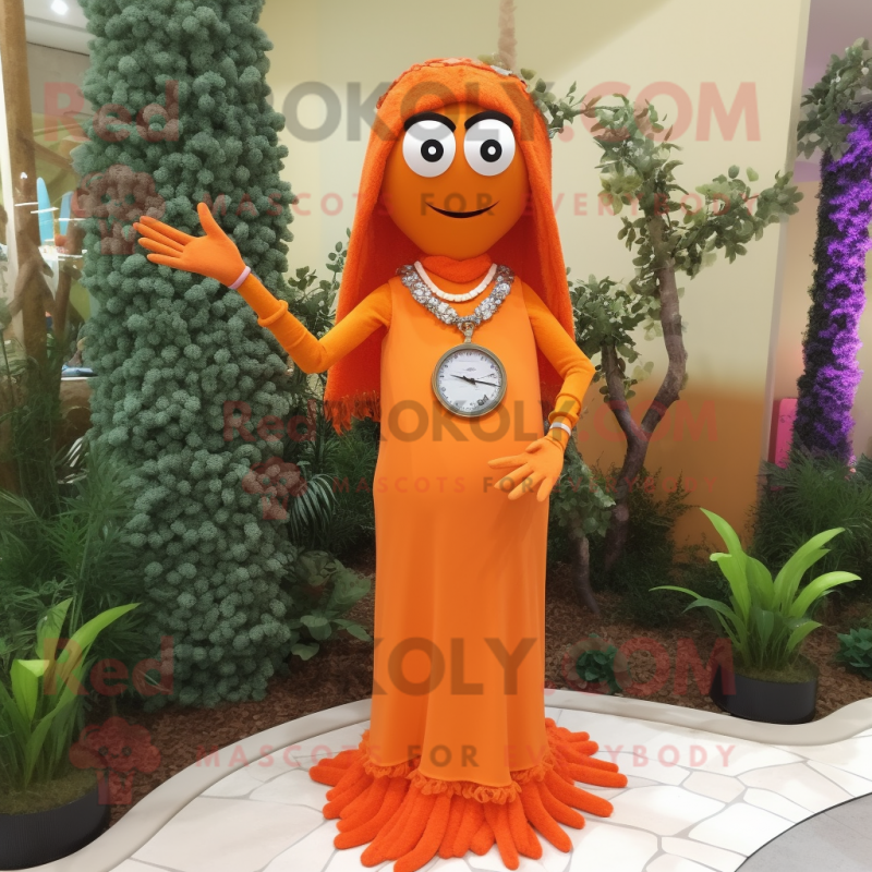Orange Graveyard mascot costume character dressed with a Maxi Dress and Bracelet watches Orange Graveyard mascot costume character dressed with a Maxi Dress and Bracelet watches