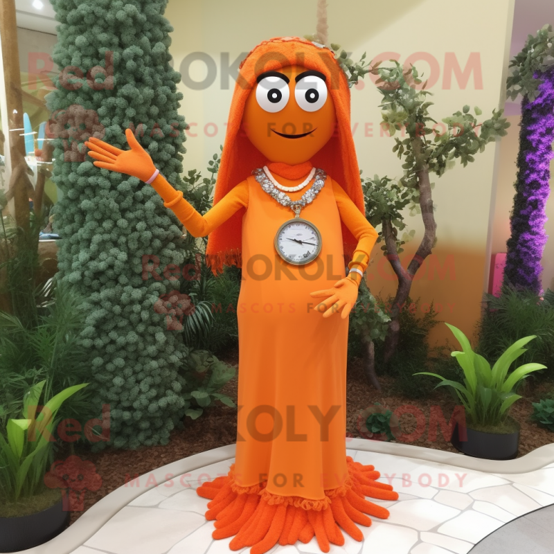 Orange Graveyard mascot costume character dressed with a Maxi Dress and Bracelet watches