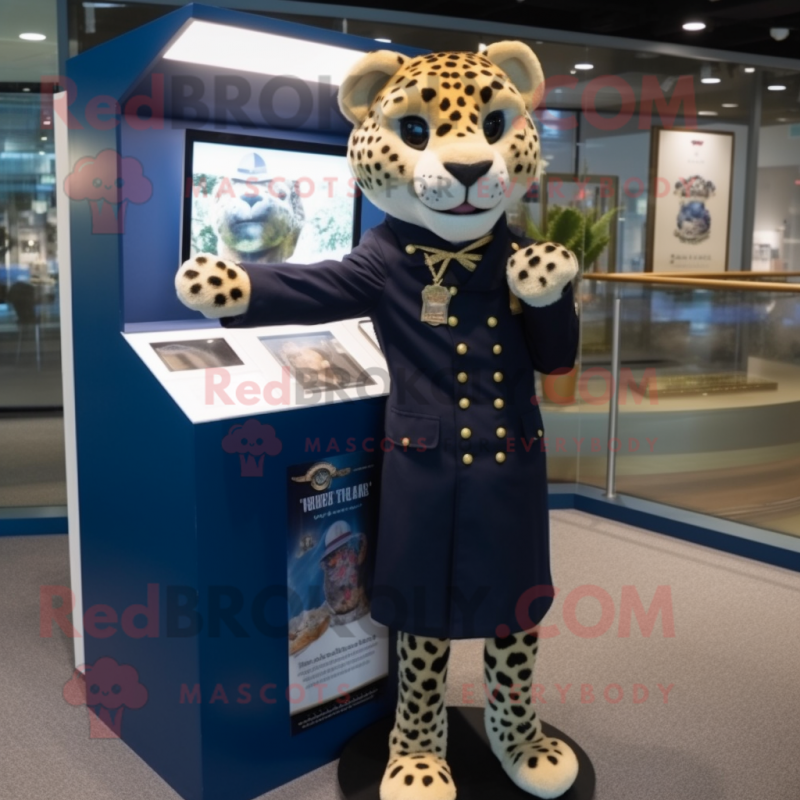 Navy Cheetah mascot costume character dressed with a Dress Shirt and Earrings