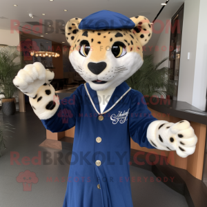 Navy Cheetah mascot costume character dressed with a Dress Shirt and Earrings