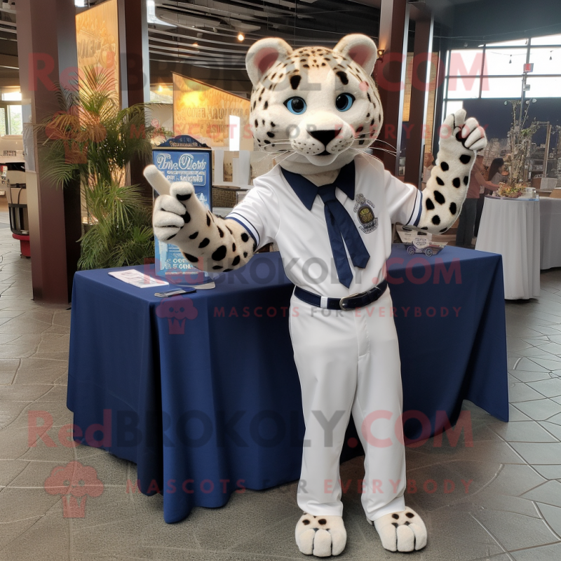 Navy Cheetah mascot costume character dressed with a Dress Shirt and Earrings