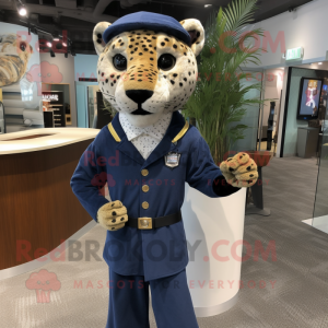 Navy Cheetah mascot costume character dressed with a Dress Shirt and Earrings