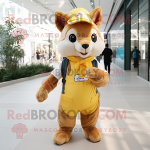 Gold Squirrel mascot costume character dressed with a Overalls and Scarves