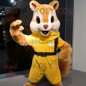 Gold Squirrel mascot costume character dressed with a Overalls and Scarves