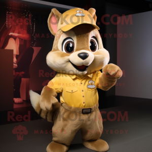Gold Squirrel mascot costume character dressed with a Overalls and Scarves