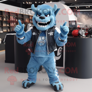 Sky Blue Devil mascot costume character dressed with a Moto Jacket and Bracelets