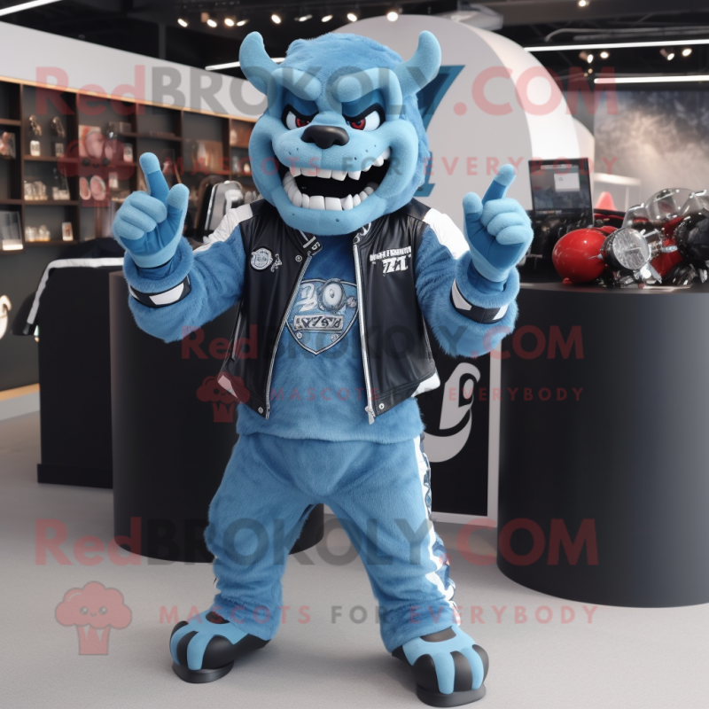 Sky Blue Devil mascot costume character dressed with a Moto Jacket and Bracelets Sky Blue Devil mascot costume character dressed with a Moto Jacket and Bracelets