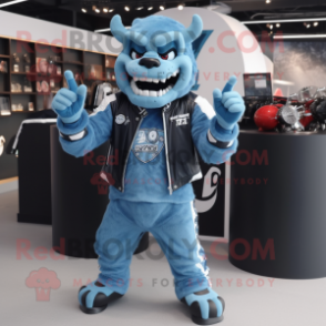 Sky Blue Devil mascot costume character dressed with a Moto Jacket and Bracelets