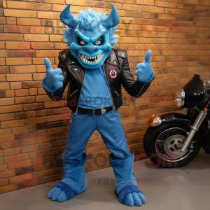 Sky Blue Devil mascot costume character dressed with a Moto Jacket and Bracelets