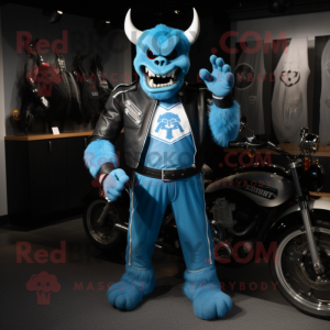 Sky Blue Devil mascot costume character dressed with a Moto Jacket and Bracelets