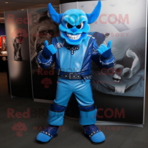 Sky Blue Devil mascot costume character dressed with a Moto Jacket and Bracelets