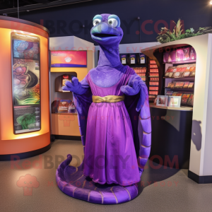 Purple Anaconda mascot costume character dressed with a Maxi Dress and Shawls