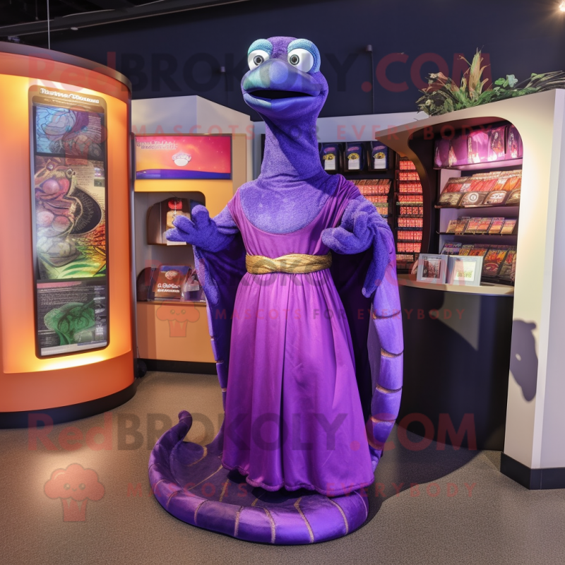 Purple Anaconda mascot costume character dressed with a Maxi Dress and Shawls Purple Anaconda mascot costume character dressed with a Maxi Dress and Shawls