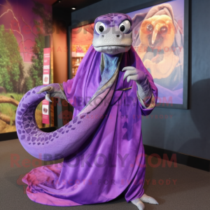Purple Anaconda mascot costume character dressed with a Maxi Dress and Shawls
