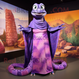 Purple Anaconda mascot costume character dressed with a Maxi Dress and Shawls