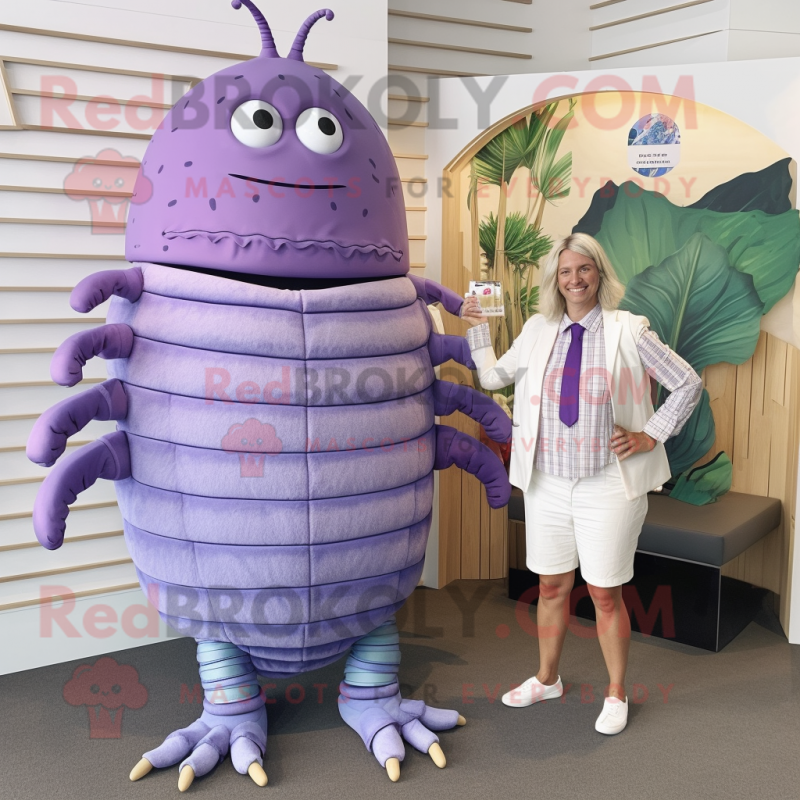 Lavender Trilobite mascot costume character dressed with a Bermuda Shorts and Ties