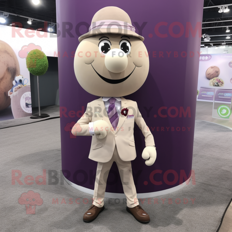 Beige Plum mascot costume character dressed with a Suit and Tie pins