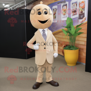 Beige Plum mascot costume character dressed with a Suit and Tie pins