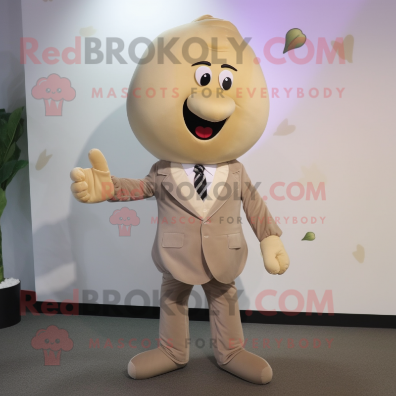 Beige Plum mascot costume character dressed with a Suit and Tie pins Beige Plum mascot costume character dressed with a Suit and Tie pins