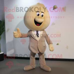 Beige Plum mascot costume character dressed with a Suit and Tie pins