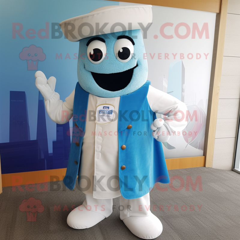 Blue Clam Chowder mascot costume character dressed with a Waistcoat and Shawl pins