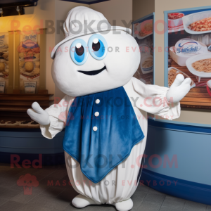 Blue Clam Chowder mascot costume character dressed with a Waistcoat and Shawl pins