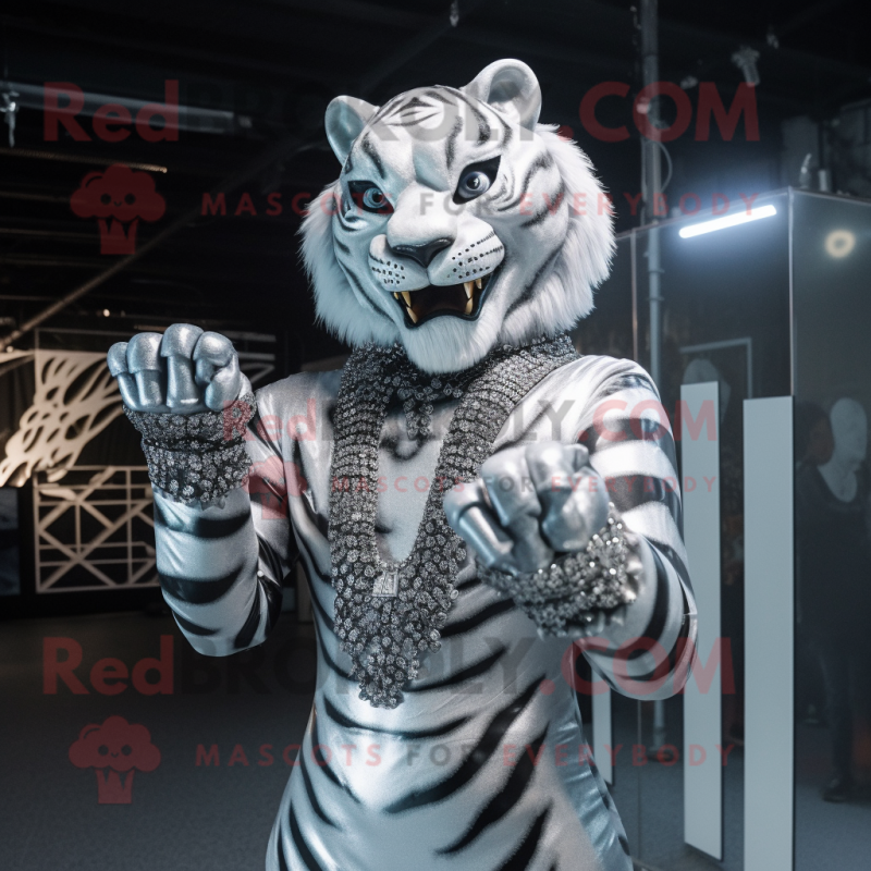 Silver Tiger mascot costume character dressed with a Bodysuit and Bracelets  - Mascot Costumes -  Sizes L (175-180CM)