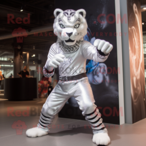 Silver Tiger mascot costume character dressed with a Bodysuit and Bracelets