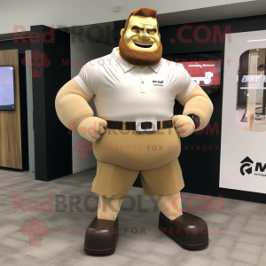 Beige Strongman mascot costume character dressed with a Polo Tee and Digital watches