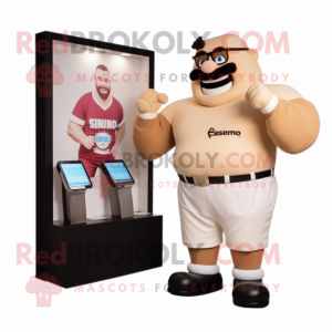 Beige Strongman mascot costume character dressed with a Polo Tee and Digital watches