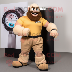 Beige Strongman mascot costume character dressed with a Polo Tee and Digital watches