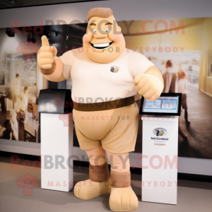 Beige Strongman mascot costume character dressed with a Polo Tee and Digital watches