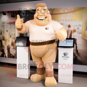 Beige Strongman mascot costume character dressed with a Polo Tee and Digital watches