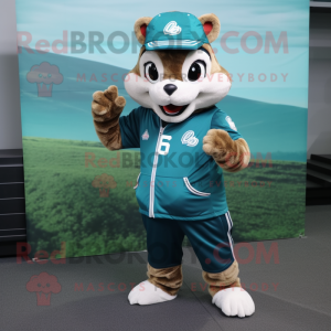 Teal Chipmunk mascot costume character dressed with a Capri Pants and Digital watches