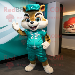 Teal Chipmunk mascot costume character dressed with a Capri Pants and Digital watches