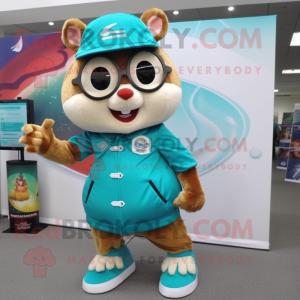 Teal Chipmunk mascot costume character dressed with a Capri Pants and Digital watches