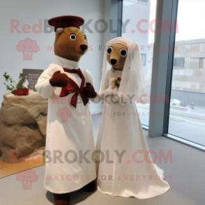 Brown Ermine mascot costume character dressed with a Wedding Dress and Berets