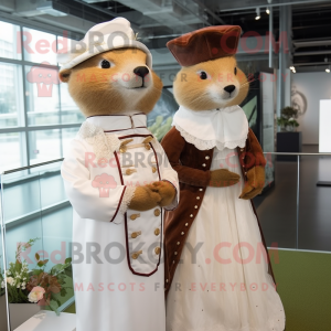 Brown Ermine mascot costume character dressed with a Wedding Dress and Berets