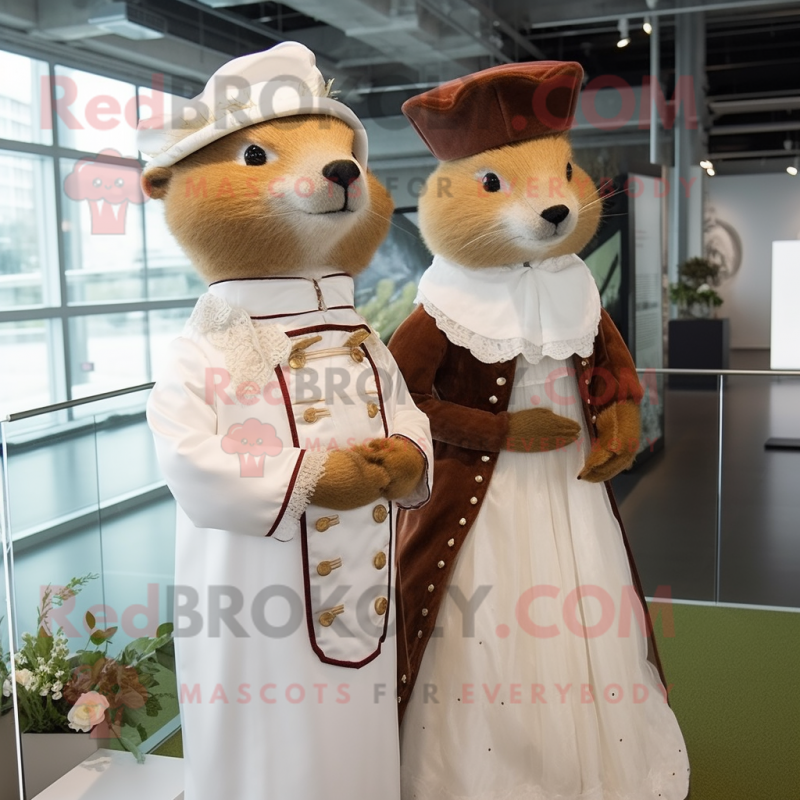 Brown Ermine mascot costume character dressed with a Wedding Dress and Berets