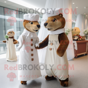 Brown Ermine mascot costume character dressed with a Wedding Dress and Berets