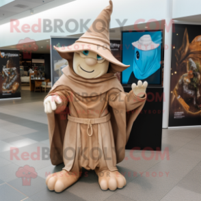 Tan Wizard mascot costume character dressed with a Playsuit and Wraps