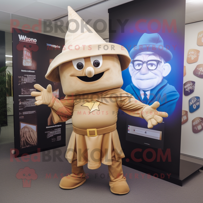 Tan Wizard mascot costume character dressed with a Playsuit and Wraps